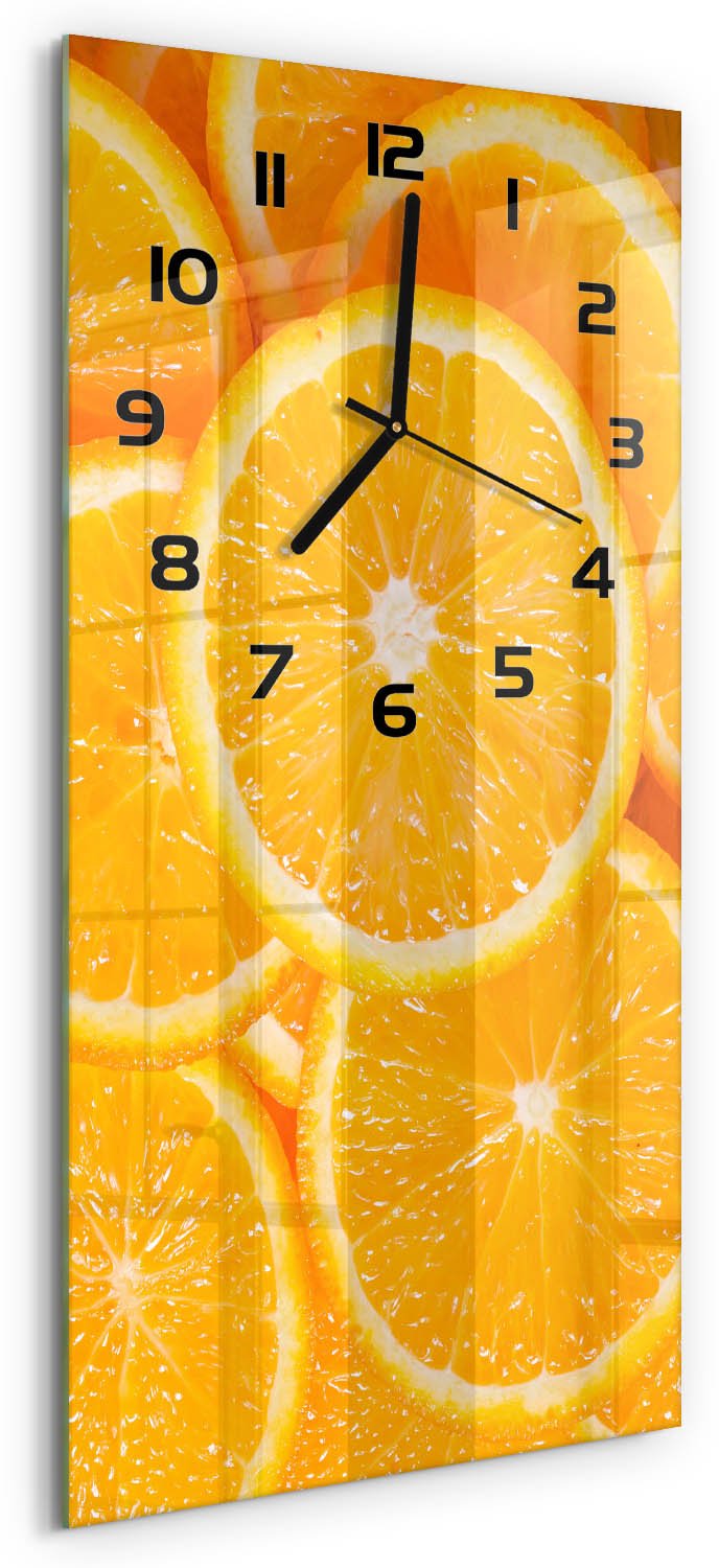 Tulup Wandklok - Sinaasappelschijfjes Moderne Wandklok Glas - 30x60 cm - Oranje Wandklok Glas Decoratie - Zwarte handen - Rechthoekige Klok - Glazen Wandklok Design - Klok Glas Met Opdruk