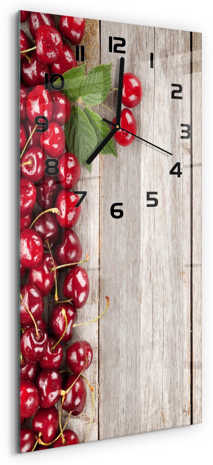 Tulup Wandklok - Kersen op hout Moderne Wandklok Glas - 30x60 cm - Rood Wandklok Glas Decoratie - Zwarte handen - Rechthoekige Klok - Glazen Wandklok Design - Klok Glas Met Opdruk