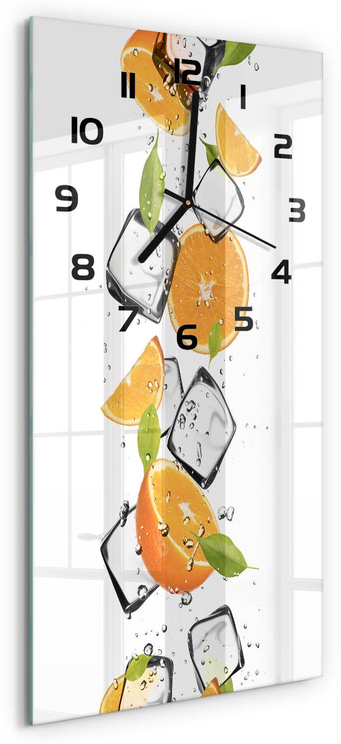 Tulup Wandklok - Sinaasappels met ijs Moderne Wandklok Glas - 30x60 cm - Oranje Wandklok Glas Decoratie - Zwarte handen - Rechthoekige Klok - Glazen Wandklok Design - Klok Glas Met Opdruk