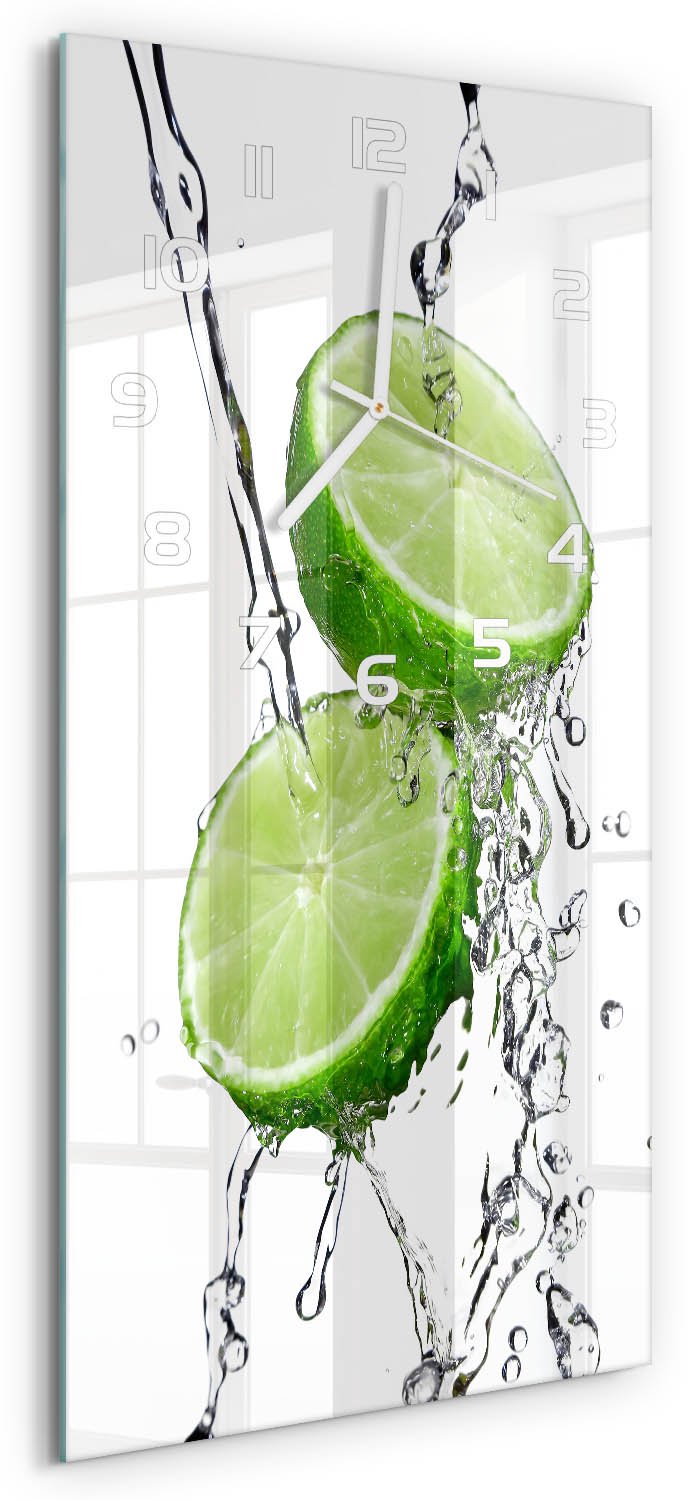 Tulup Wandklok - Kalk en water Wandklok Glas Met Motief - 30x60 cm - Groente Decoratieve Glazen Klok - Witte handen - Rechthoekige Klok - Gekleurde Glazen Klok - Glazen Klok Met Print