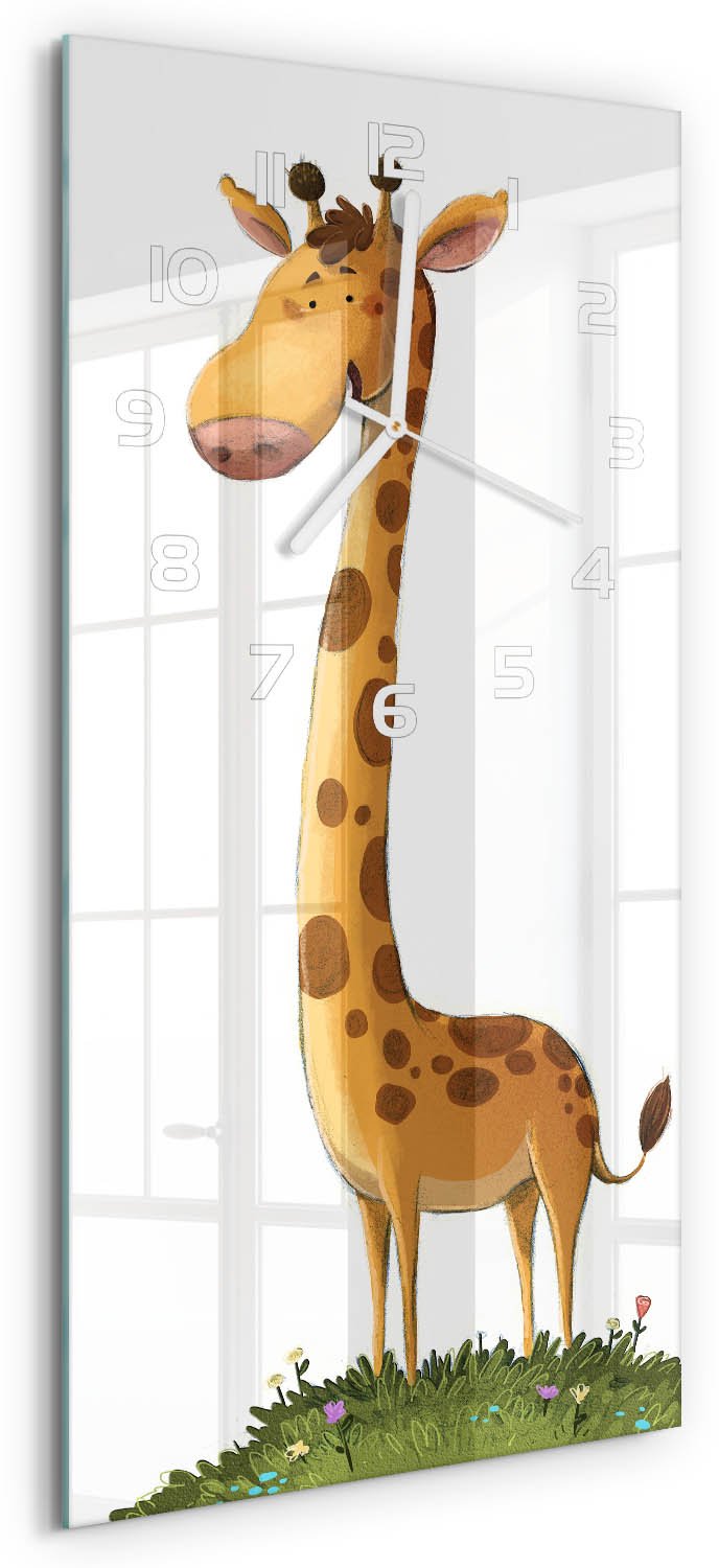 Tulup Wandklok - Giraffe Glazen Wandklok Design - 30x60 cm - Oranje Klok Glas Met Opdruk - Witte handen - Rechthoekige Klok - Wandklok Glas Met Motief - Decoratieve Glazen Klok