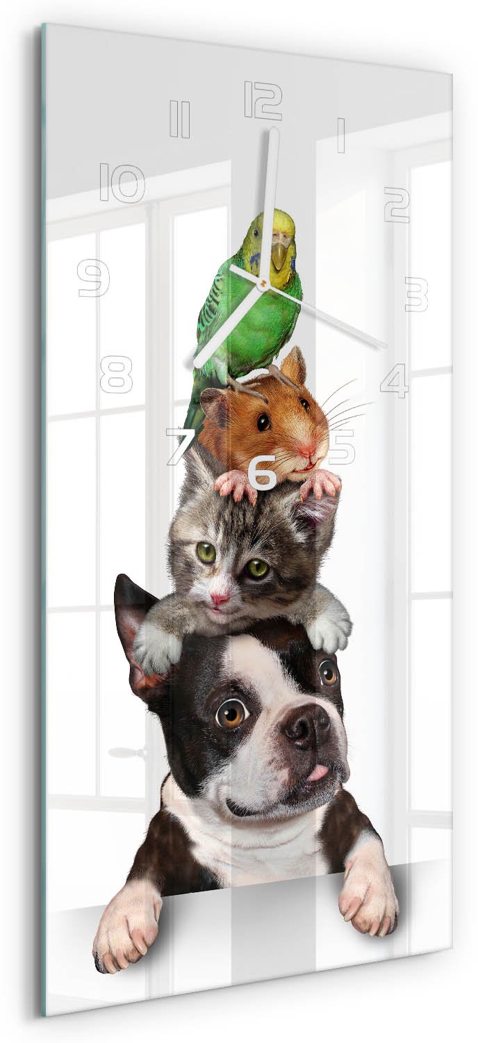 Tulup Wandklok - Huisdieren Glazen Klok Met Print - 30x60 cm - Veelkleurig Wandklok Glas Met Motief - Witte handen - Rechthoekige Klok - Wandklok Glas Decoratie - Gekleurde Glazen Klok