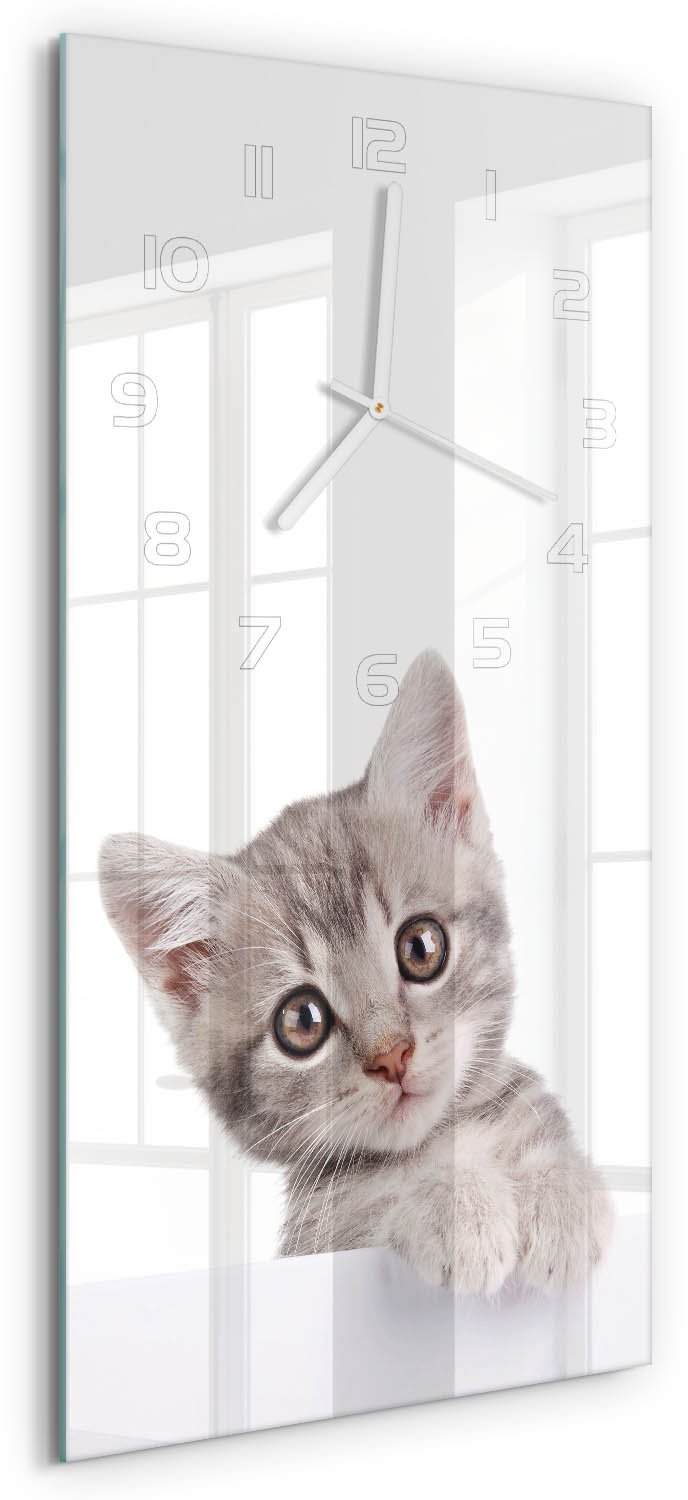 Tulup Wandklok - Grijze kat Gekleurde Glazen Klok - 30x60 cm - Grijs Glazen Klok Met Print - Witte handen - Rechthoekige Klok - Moderne Wandklok Glas - Wandklok Glas Decoratie