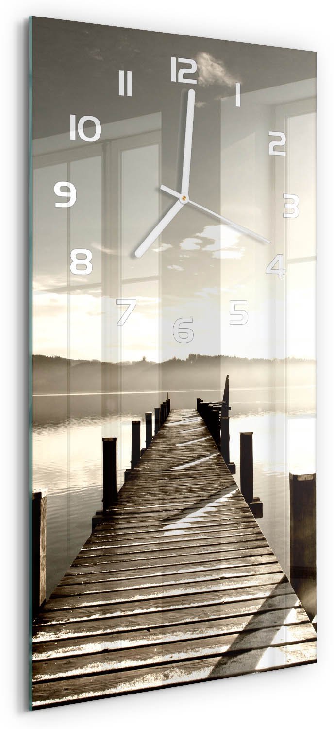 Tulup Wandklok - Houten brug Decoratieve Glazen Klok - 30x60 cm - Bruin Glazen Wandklok Design - Witte handen - Rechthoekige Klok - Glazen Klok Met Print - Wandklok Glas Met Motief