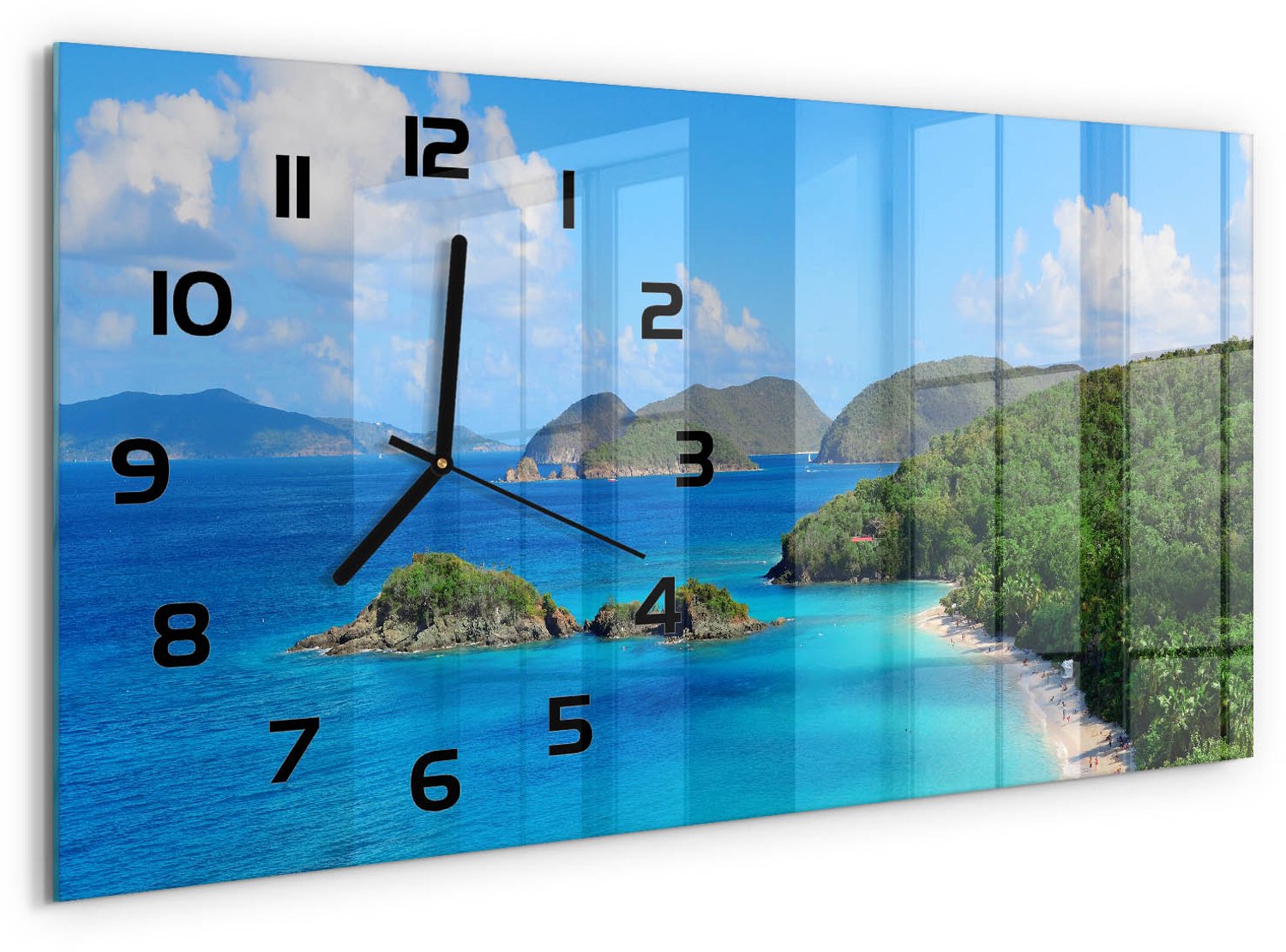 TULUP Wandklok - Maagdeneilanden Gekleurde Glazen Klok - 60x30 cm - Blauw Glazen Klok Met Print - Zwarte handen - Rechthoekige Klok - Moderne Wandklok Glas - Wandklok Glas Decoratie