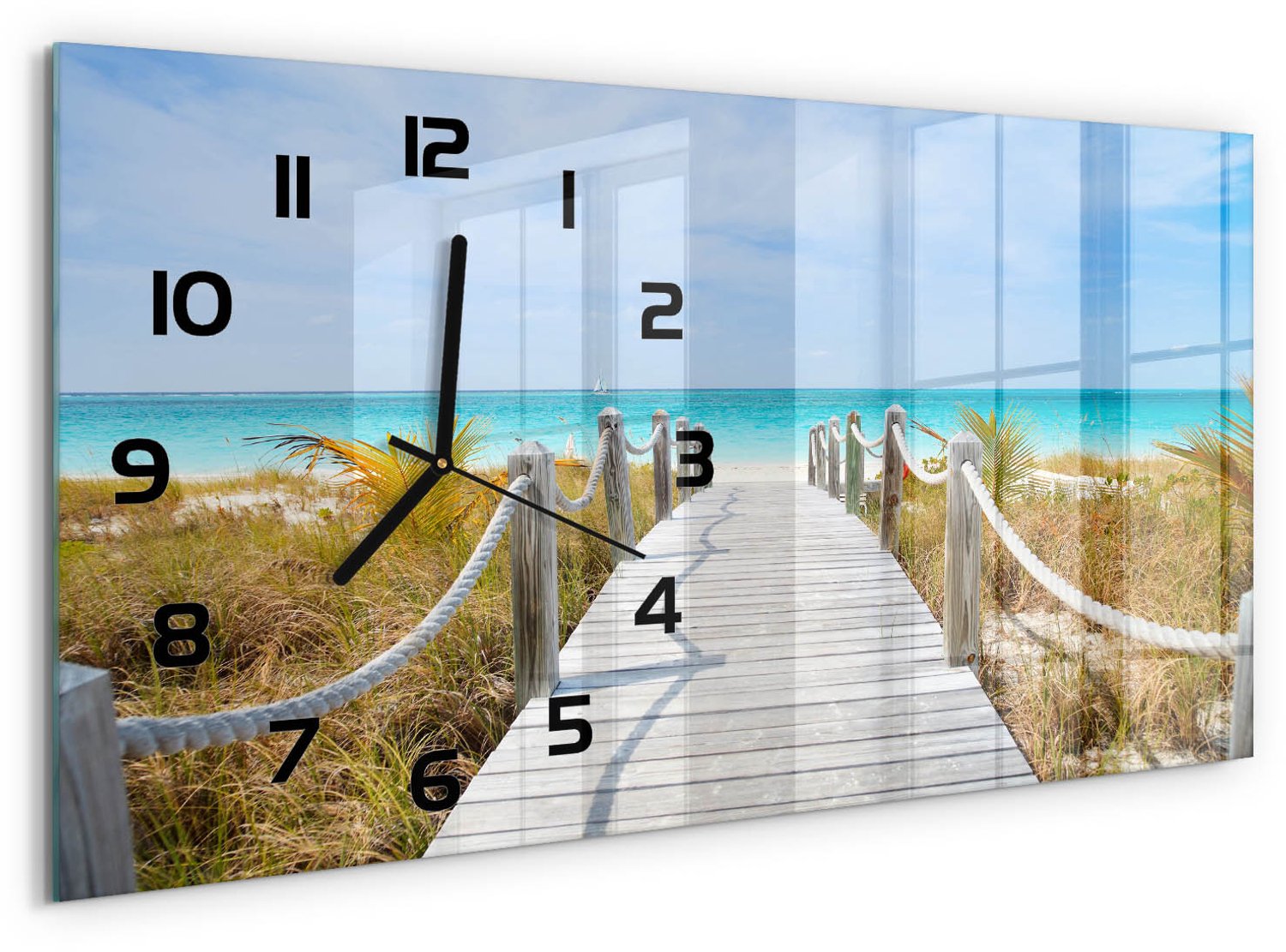 TULUP Wandklok - De weg naar het strand Moderne Wandklok Glas - 60x30 cm - Blauw Wandklok Glas Decoratie - Zwarte handen - Rechthoekige Klok - Glazen Wandklok Design - Klok Glas Met Opdruk
