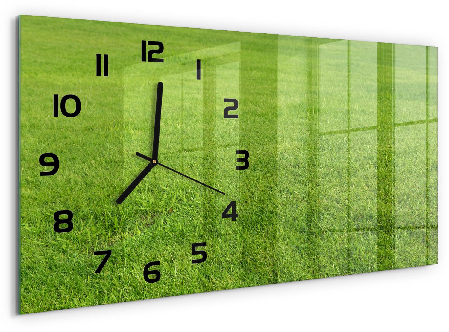 TULUP Wandklok - Groen gras Klok Glas Met Opdruk - 60x30 cm - Groente Moderne Wandklok Glas - Zwarte handen - Rechthoekige Klok - Decoratieve Glazen Klok - Glazen Wandklok Design