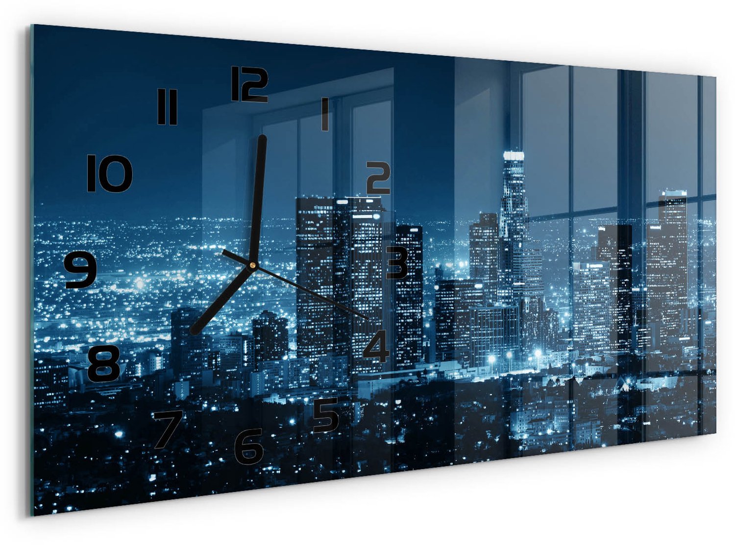 TULUP Wandklok - Los Angeles 's nachts Decoratieve Glazen Klok - 60x30 cm - Blauw Glazen Wandklok Design - Zwarte handen - Rechthoekige Klok - Glazen Klok Met Print - Wandklok Glas Met Motief