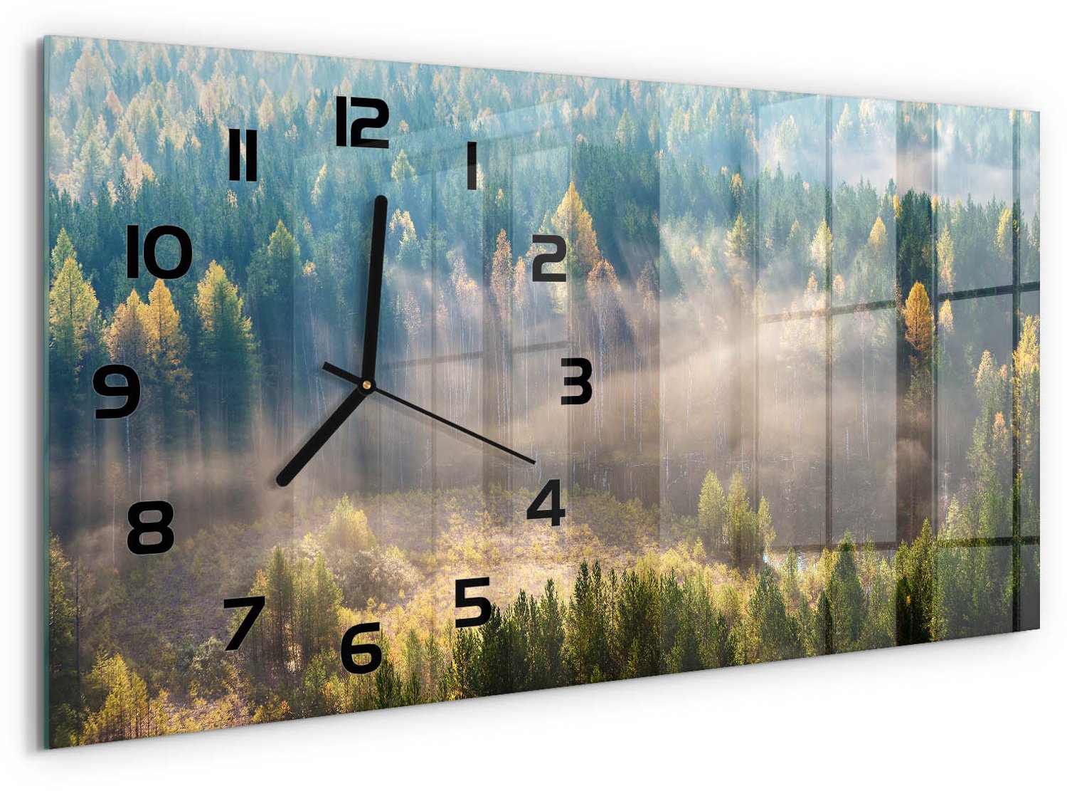 TULUP Wandklok - Mist in het bos Wandklok Glas Met Motief - 60x30 cm - Groente Decoratieve Glazen Klok - Zwarte handen - Rechthoekige Klok - Gekleurde Glazen Klok - Glazen Klok Met Print