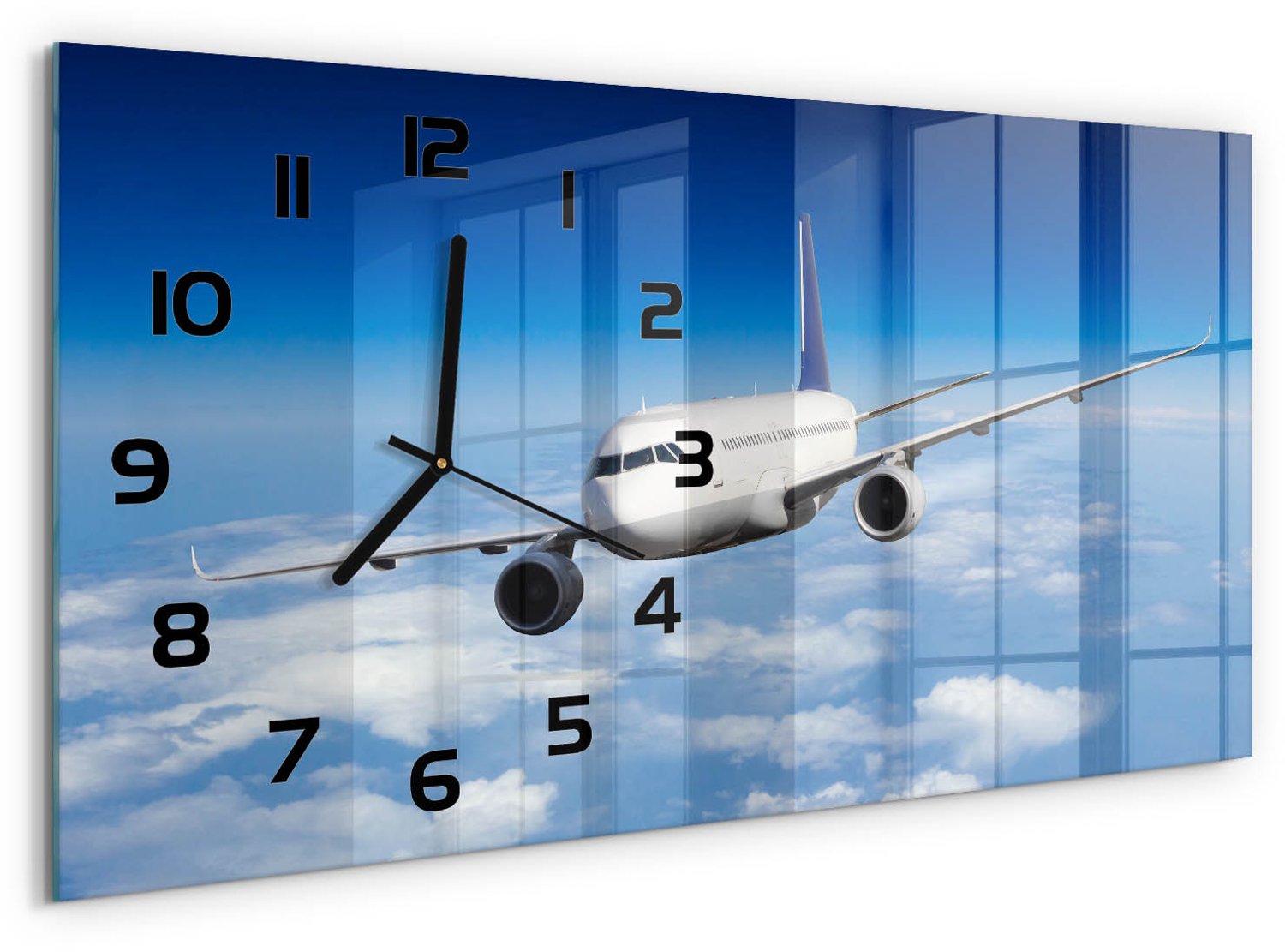 TULUP Wandklok - Vliegtuig in de lucht Decoratieve Glazen Klok - 60x30 cm - Blauw Glazen Wandklok Design - Zwarte handen - Rechthoekige Klok - Glazen Klok Met Print - Wandklok Glas Met Motief