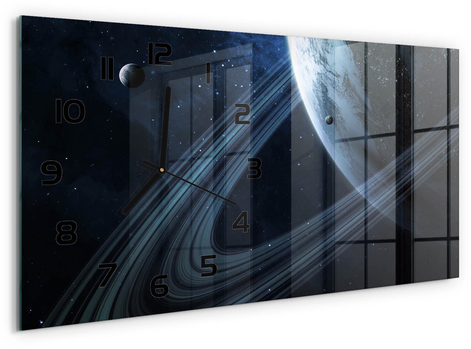 TULUP Wandklok - Planeet Moderne Wandklok Glas - 60x30 cm - Zwart Wandklok Glas Decoratie - Zwarte handen - Rechthoekige Klok - Glazen Wandklok Design - Klok Glas Met Opdruk