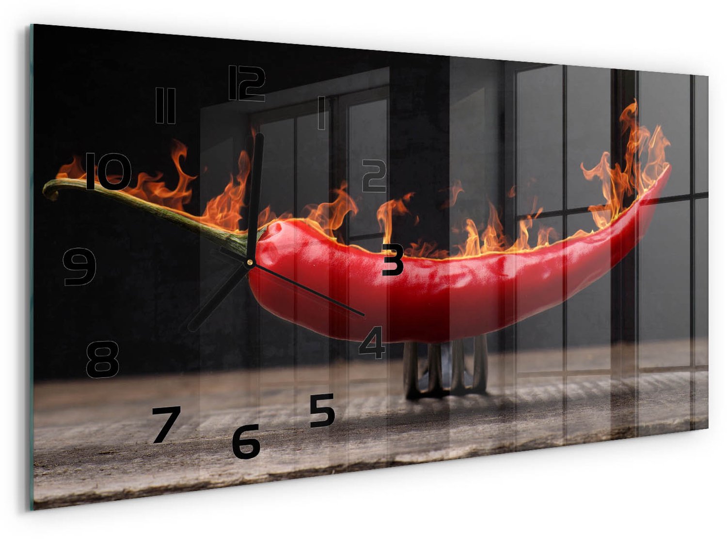 TULUP Wandklok - Chilipeper Gekleurde Glazen Klok - 60x30 cm - Rood Glazen Klok Met Print - Zwarte handen - Rechthoekige Klok - Moderne Wandklok Glas - Wandklok Glas Decoratie