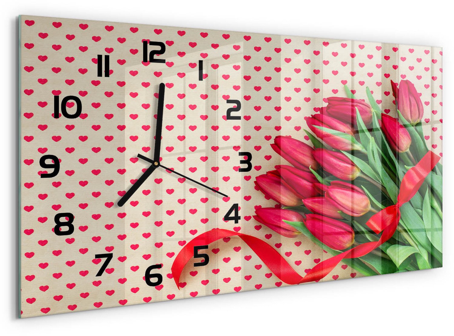 TULUP Wandklok - Tulpenharten Decoratieve Glazen Klok - 60x30 cm - Rood Glazen Wandklok Design - Zwarte handen - Rechthoekige Klok - Glazen Klok Met Print - Wandklok Glas Met Motief