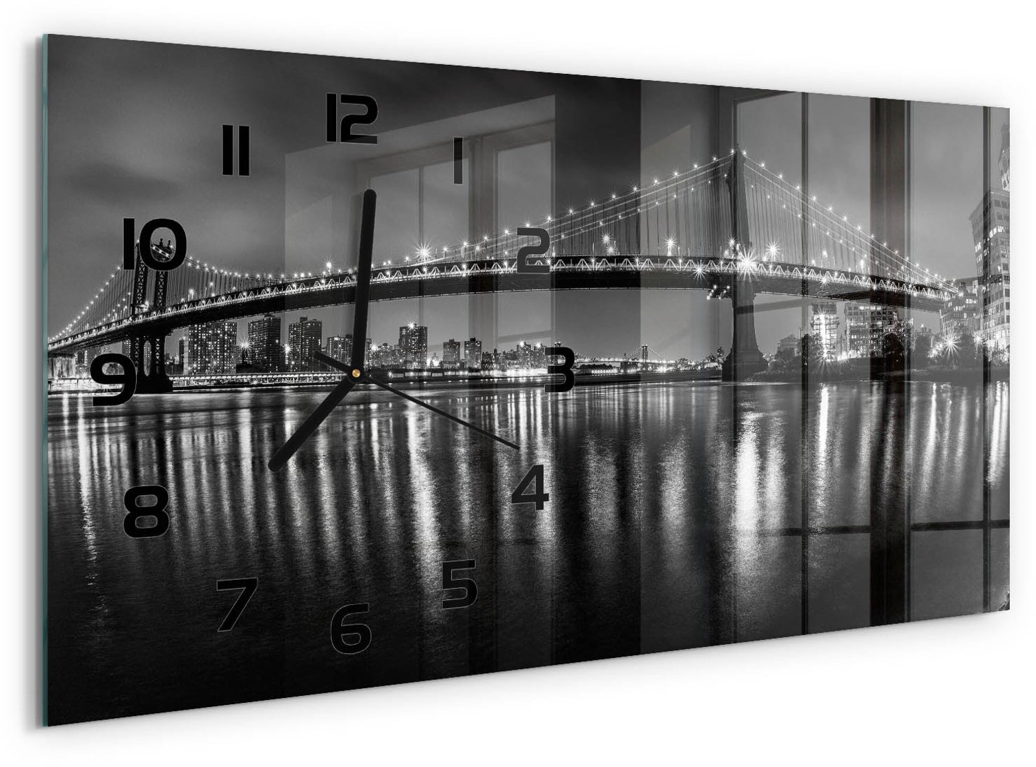 TULUP Wandklok - Manhattan 's nachts Glazen Klok Met Print - 60x30 cm - Zwart-wit Wandklok Glas Met Motief - Zwarte handen - Rechthoekige Klok - Wandklok Glas Decoratie - Gekleurde Glazen Klok