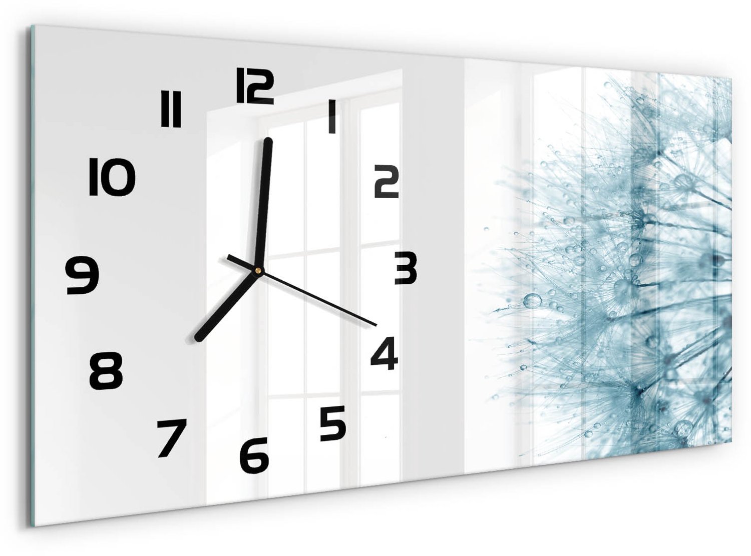 TULUP Wandklok - Paardebloem Glazen Klok Met Print - 60x30 cm - Grijs Wandklok Glas Met Motief - Zwarte handen - Rechthoekige Klok - Wandklok Glas Decoratie - Gekleurde Glazen Klok