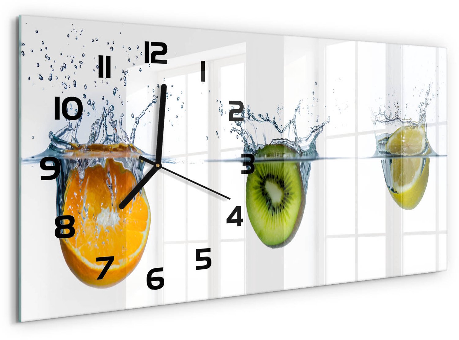 TULUP Wandklok - Fruit onder water Glazen Wandklok Design - 60x30 cm - Veelkleurig Klok Glas Met Opdruk - Zwarte handen - Rechthoekige Klok - Wandklok Glas Met Motief - Decoratieve Glazen Klok