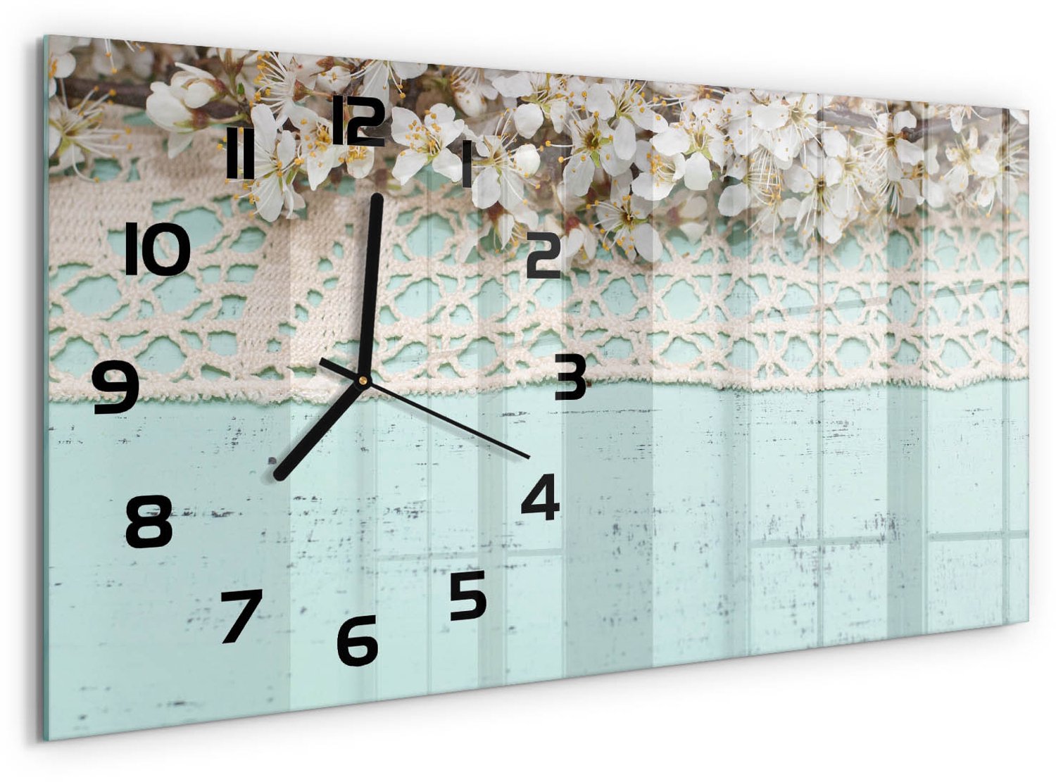TULUP Wandklok - Kersenbloesem Moderne Wandklok Glas - 60x30 cm - Beige Wandklok Glas Decoratie - Zwarte handen - Rechthoekige Klok - Glazen Wandklok Design - Klok Glas Met Opdruk