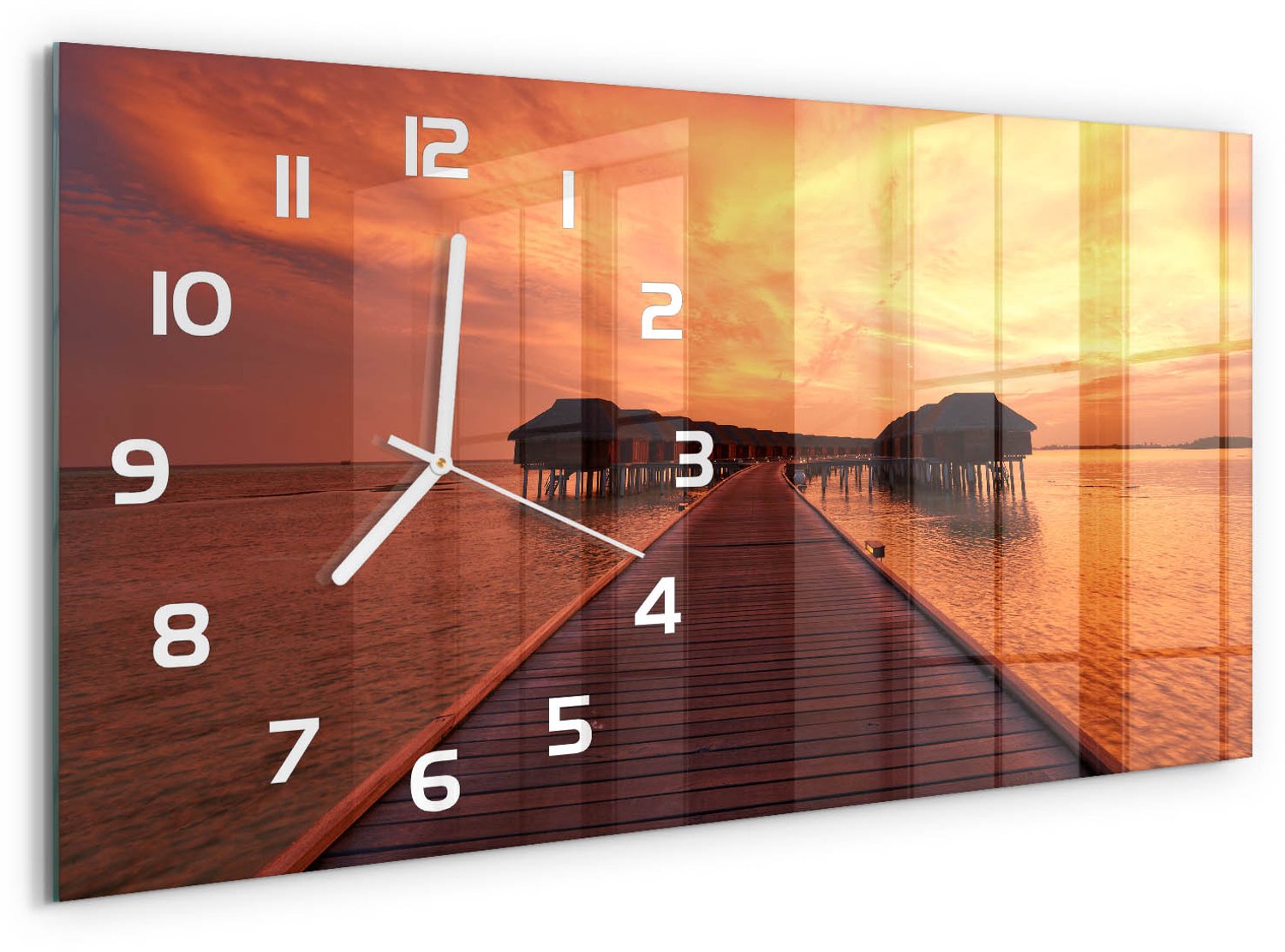 TULUP Wandklok - Bungalows op de Malediven Klok Glas Met Opdruk - 60x30 cm - Oranje Moderne Wandklok Glas - Witte handen - Rechthoekige Klok - Decoratieve Glazen Klok - Glazen Wandklok Design