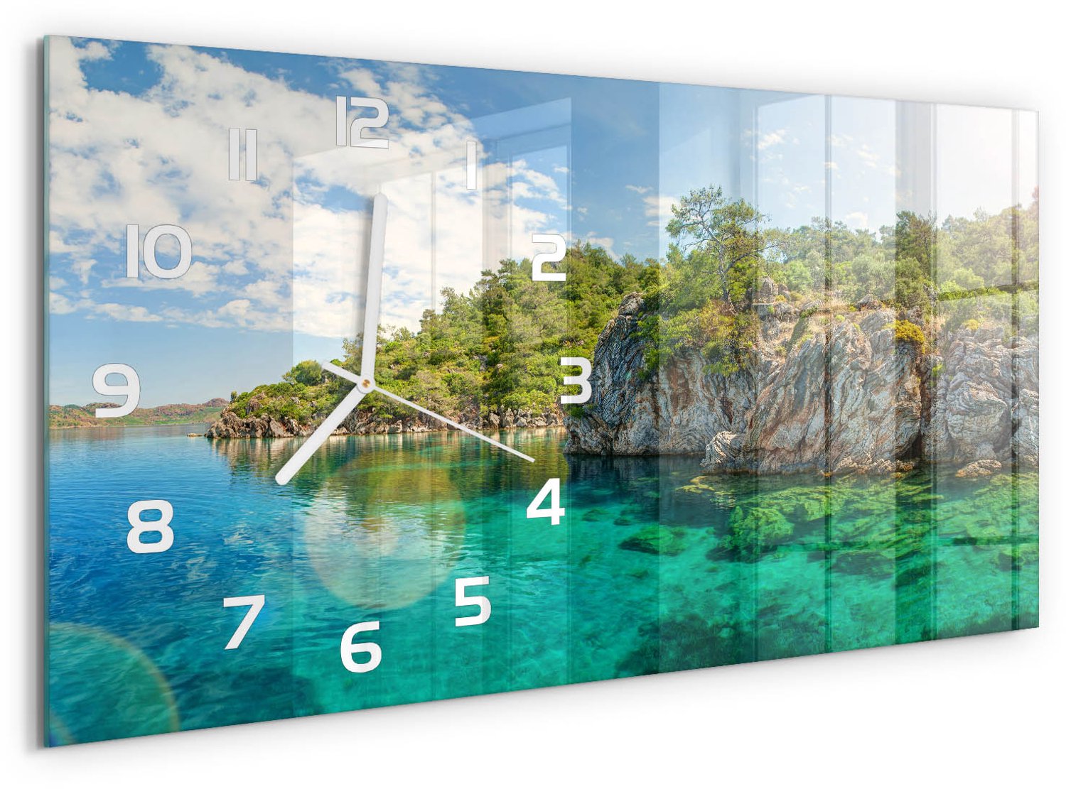 TULUP Wandklok - Blauwe Lagune Wandklok Glas Decoratie - 60x30 cm - Groente Gekleurde Glazen Klok - Witte handen - Rechthoekige Klok - Klok Glas Met Opdruk - Moderne Wandklok Glas