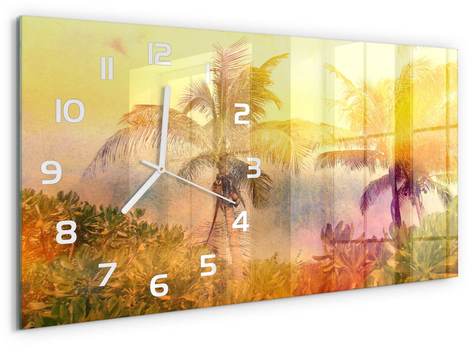 TULUP Wandklok - Kleurrijke palmbomen Glazen Wandklok Design - 60x30 cm - Geel Klok Glas Met Opdruk - Witte handen - Rechthoekige Klok - Wandklok Glas Met Motief - Decoratieve Glazen Klok