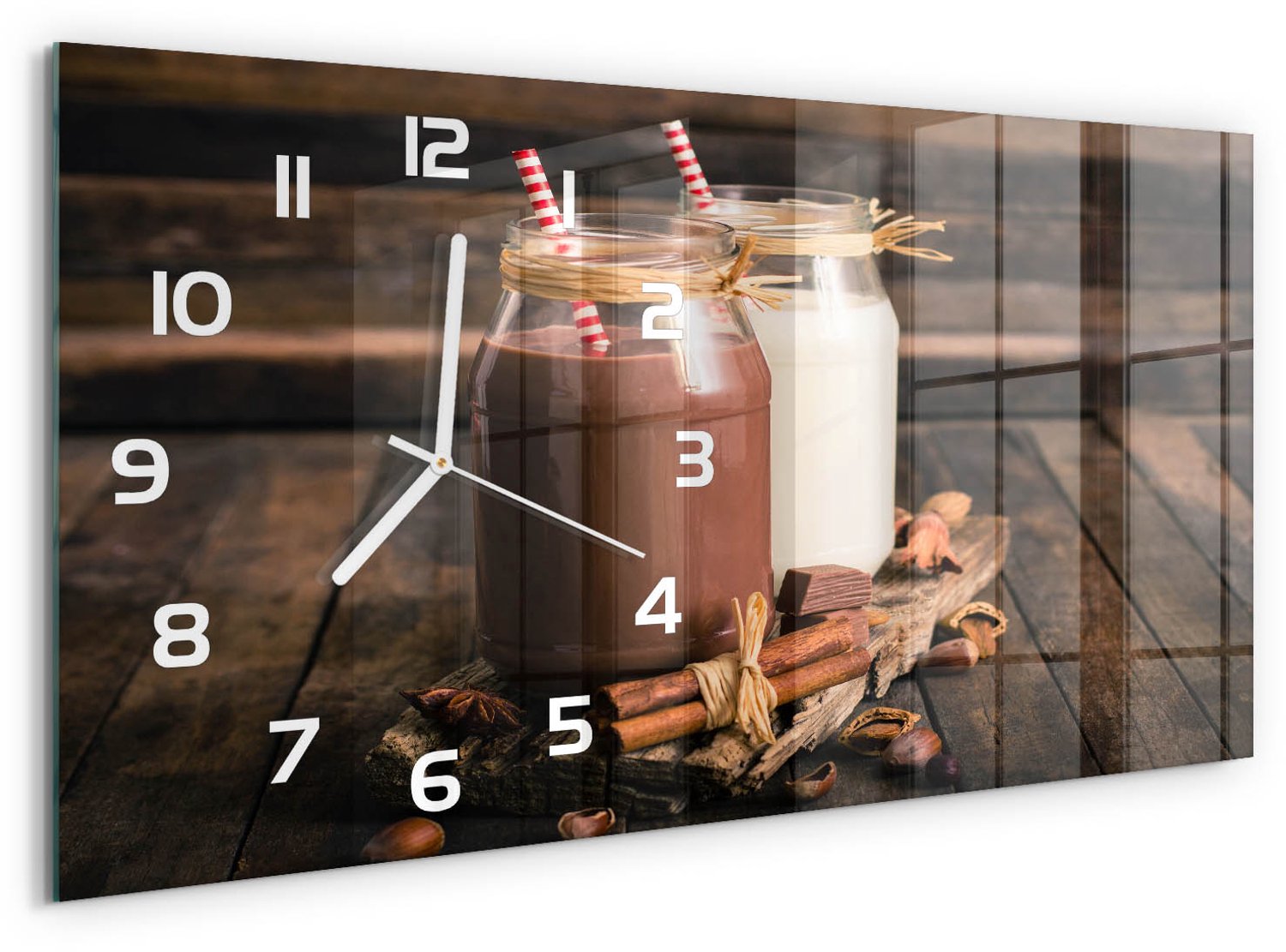 TULUP Wandklok - Cocktails in glazen Glazen Klok Met Print - 60x30 cm - Bruin Wandklok Glas Met Motief - Witte handen - Rechthoekige Klok - Wandklok Glas Decoratie - Gekleurde Glazen Klok