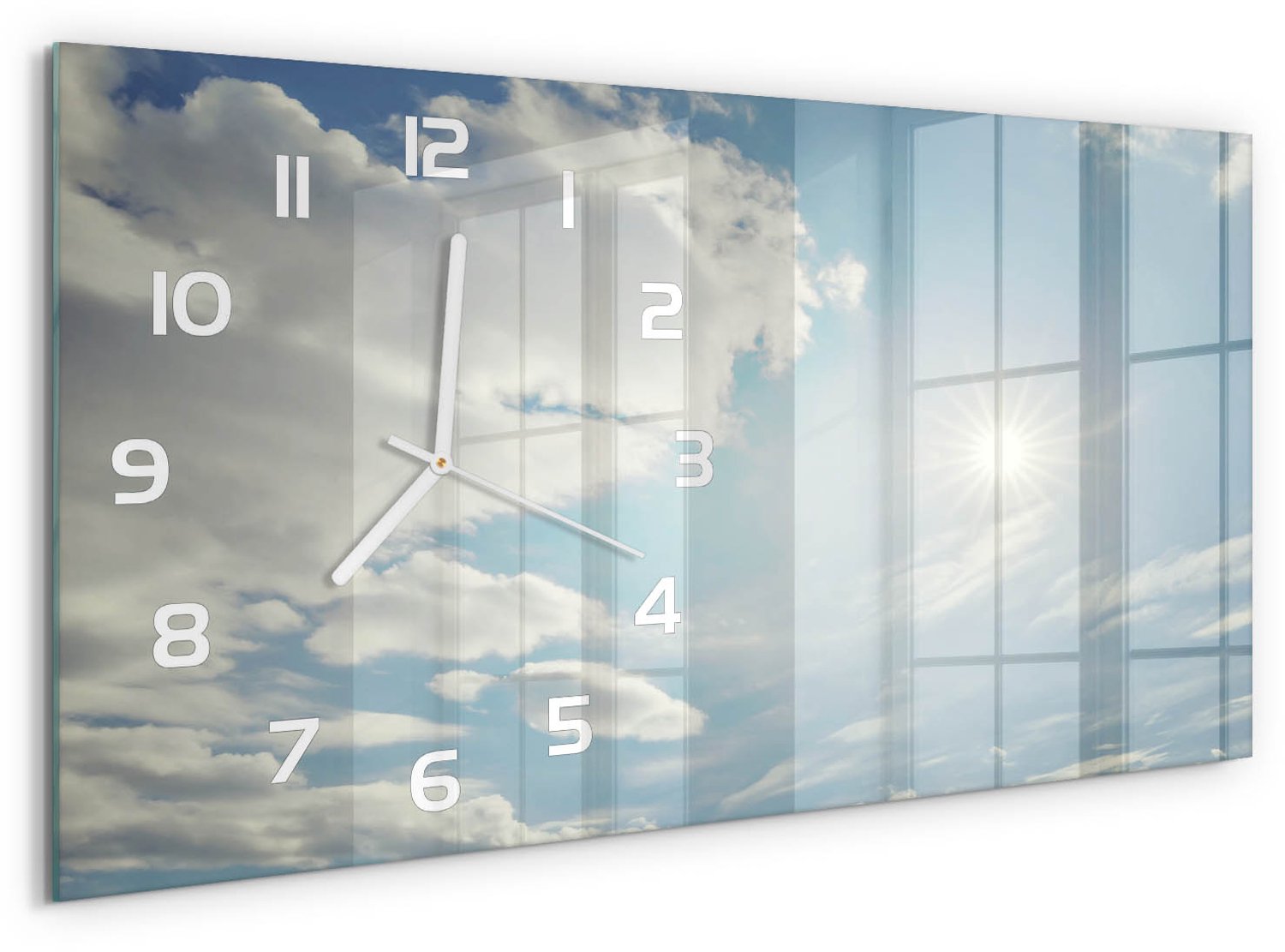 TULUP Wandklok - De zon aan de hemel Decoratieve Glazen Klok - 60x30 cm - Blauw Glazen Wandklok Design - Witte handen - Rechthoekige Klok - Glazen Klok Met Print - Wandklok Glas Met Motief