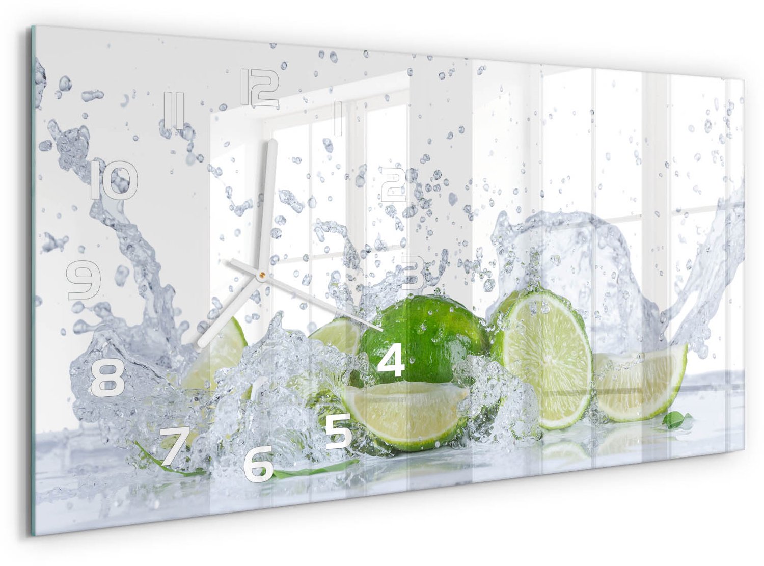 TULUP Wandklok - Kalk en water Wandklok Glas Met Motief - 60x30 cm - Groente Decoratieve Glazen Klok - Witte handen - Rechthoekige Klok - Gekleurde Glazen Klok - Glazen Klok Met Print