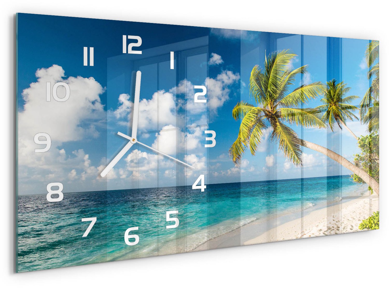 TULUP Wandklok - Strand van de Malediven Wandklok Glas Decoratie - 60x30 cm - Blauw Gekleurde Glazen Klok - Witte handen - Rechthoekige Klok - Klok Glas Met Opdruk - Moderne Wandklok Glas