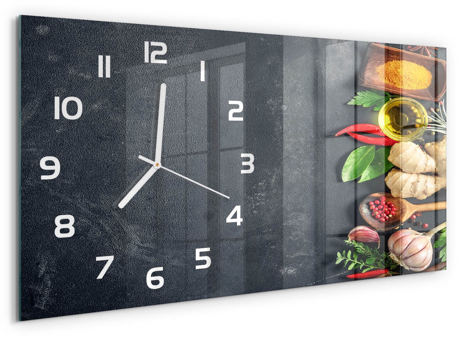 TULUP Wandklok - Kruiden en specerijen Wandklok Glas Met Motief - 60x30 cm - Veelkleurig Decoratieve Glazen Klok - Witte handen - Rechthoekige Klok - Gekleurde Glazen Klok - Glazen Klok Met Print