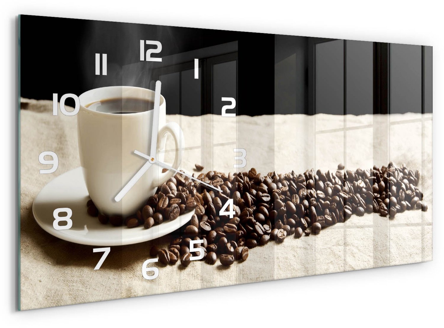 TULUP Wandklok - Aromatische koffie Gekleurde Glazen Klok - 60x30 cm - Beige Glazen Klok Met Print - Witte handen - Rechthoekige Klok - Moderne Wandklok Glas - Wandklok Glas Decoratie