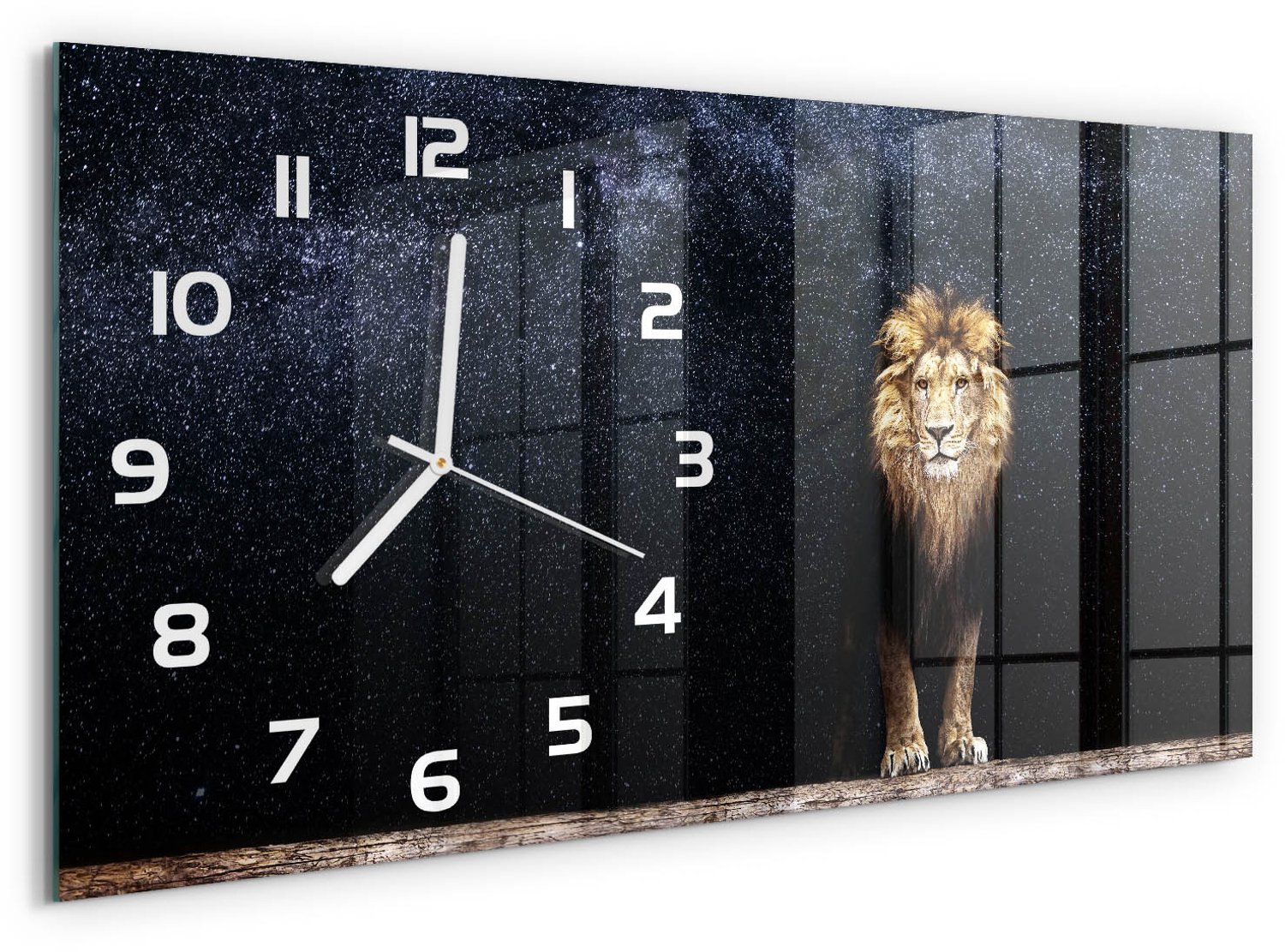 TULUP Wandklok - Leeuw tegen de sterren Wandklok Glas Decoratie - 60x30 cm - Bruin Gekleurde Glazen Klok - Witte handen - Rechthoekige Klok - Klok Glas Met Opdruk - Moderne Wandklok Glas