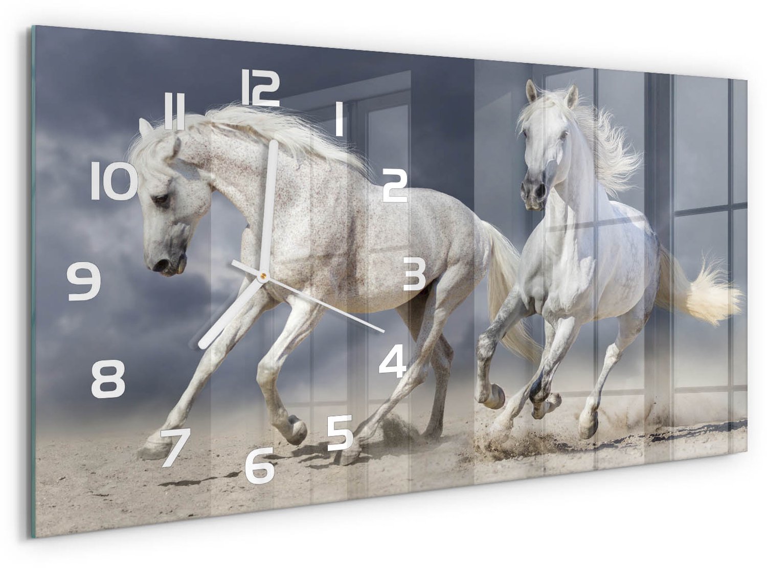 TULUP Wandklok - Witte Paardenstrand Wandklok Glas Met Motief - 60x30 cm - Wit Decoratieve Glazen Klok - Witte handen - Rechthoekige Klok - Gekleurde Glazen Klok - Glazen Klok Met Print