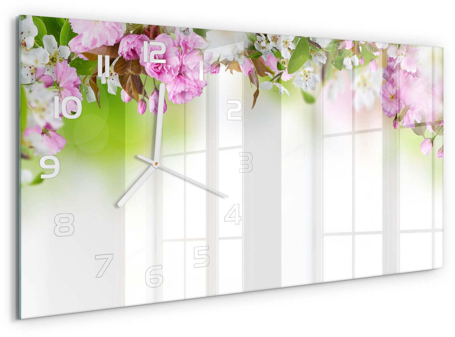 TULUP Wandklok - Lentebloemen Klok Glas Met Opdruk - 60x30 cm - Veelkleurig Moderne Wandklok Glas - Witte handen - Rechthoekige Klok - Decoratieve Glazen Klok - Glazen Wandklok Design