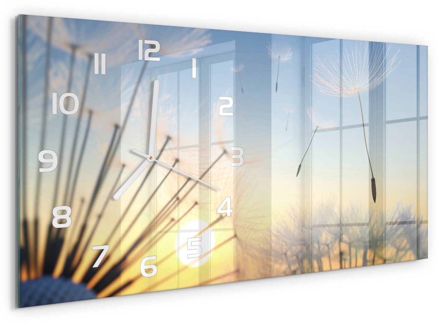 TULUP Wandklok - Paardenbloemzaden Wandklok Glas Decoratie - 60x30 cm - Veelkleurig Gekleurde Glazen Klok - Witte handen - Rechthoekige Klok - Klok Glas Met Opdruk - Moderne Wandklok Glas