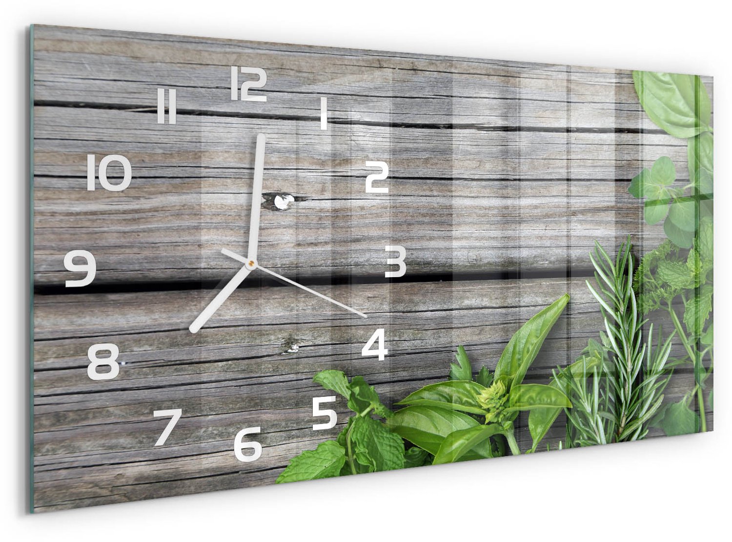 TULUP Wandklok - Houten kruidenachtergrond Decoratieve Glazen Klok - 60x30 cm - Groente Glazen Wandklok Design - Witte handen - Rechthoekige Klok - Glazen Klok Met Print - Wandklok Glas Met Motief