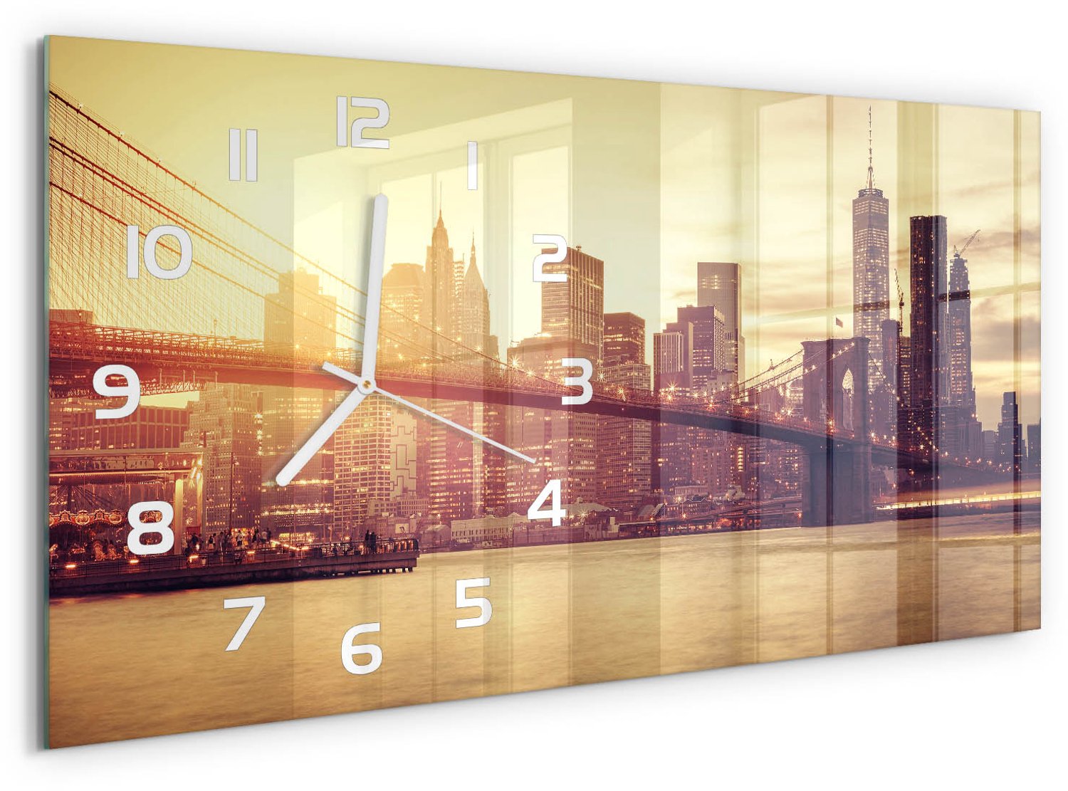 TULUP Wandklok - Manhattan, New York Klok Glas Met Opdruk - 60x30 cm - Bruin Moderne Wandklok Glas - Witte handen - Rechthoekige Klok - Decoratieve Glazen Klok - Glazen Wandklok Design