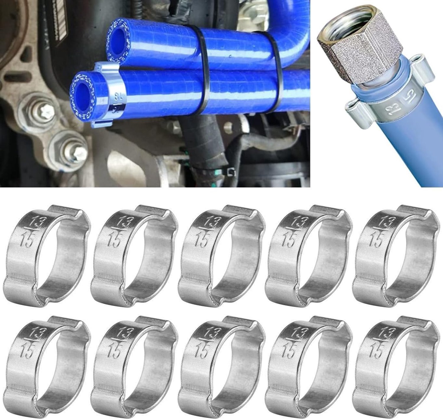 10 Stuks Dubbele Slangklemmen van RVS, O-Clip Slangklemmen voor Siliconen/Rubber Slangen en Brandstofleidingen (13-15mm) - Duurzaam, Roestvrij en Verstelbaar