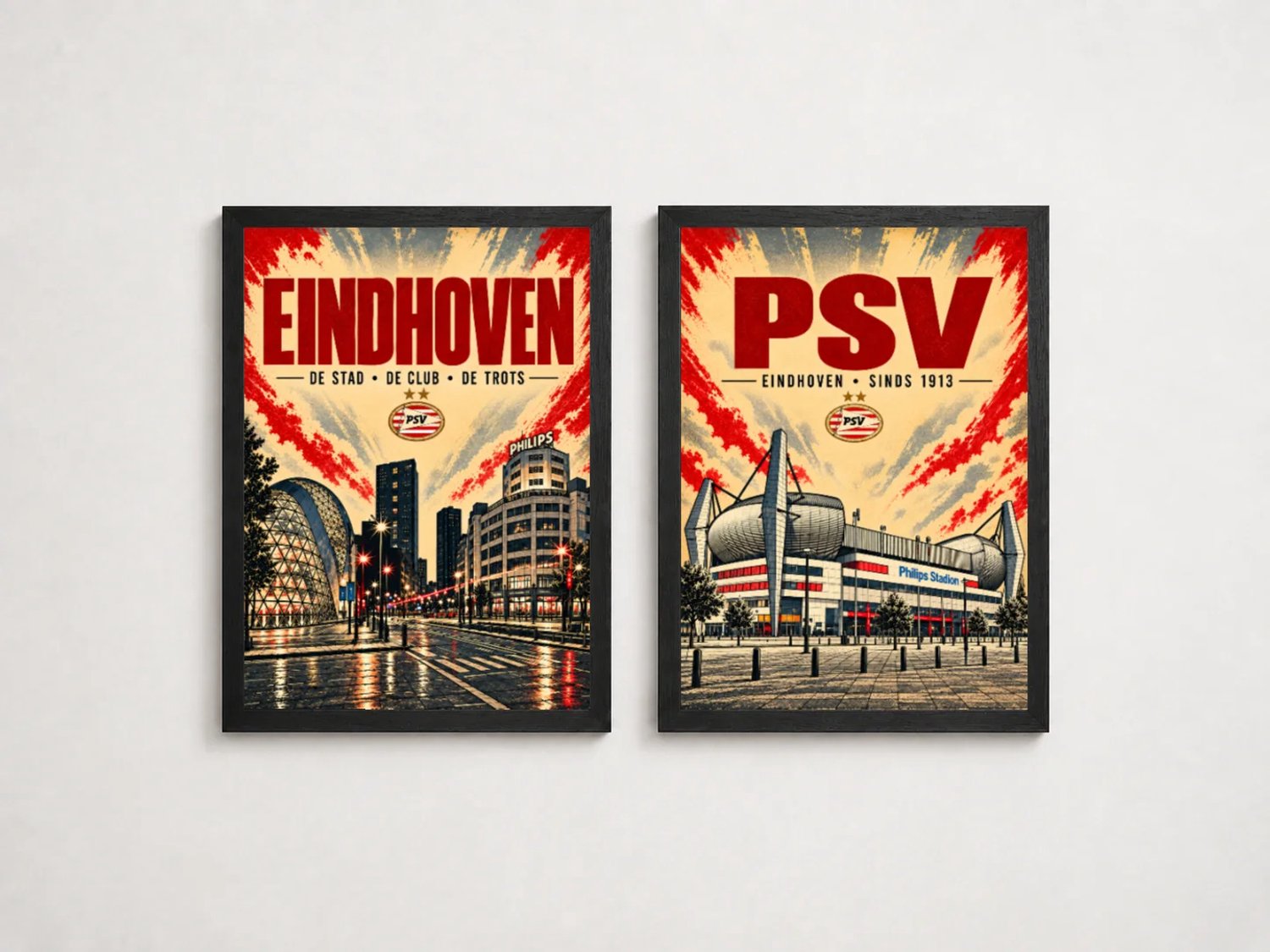 PSV Poster Tweeluik | Eindhoven & Philips Stadion | Inclusief 2 Zwarte A4 Lijsten