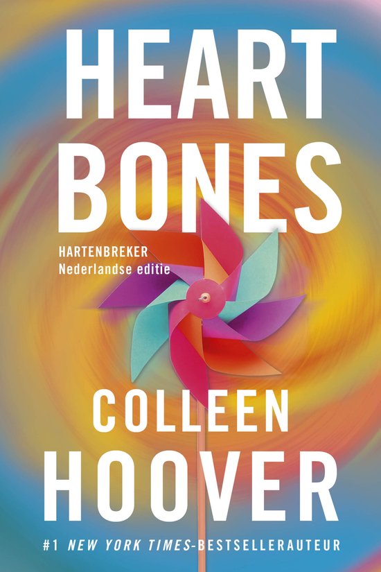Boekomslag met de titel "HEART BONES" en een kleurrijke windmolen. "HARTENBREKER Nederlandse editie" en "COLLEEN HOOVER" staan op de omslag.