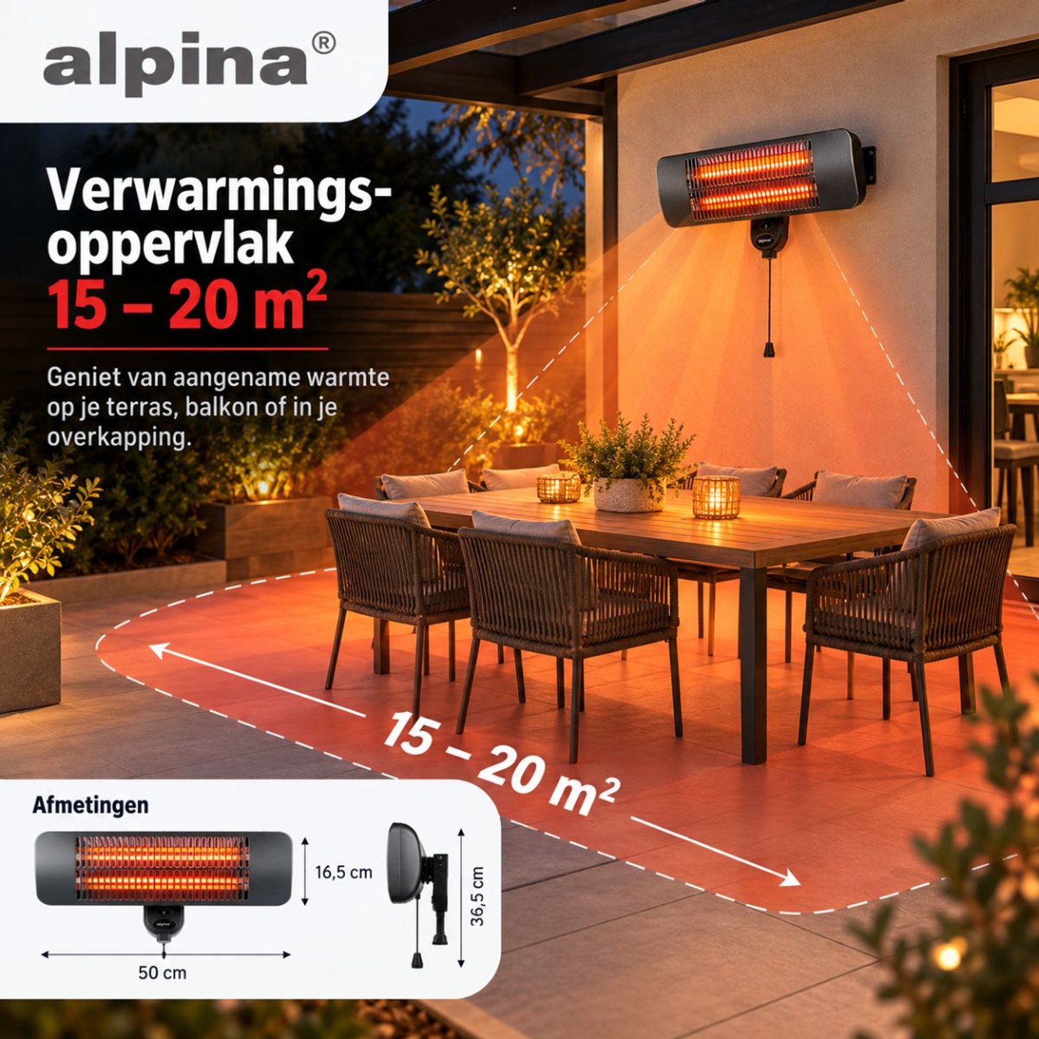 alpina Infrarood Verwarming Hangend - Terras Heater 2000W 3 Warmtestanden - Spatwaterdichte Terrasheater IP34 met Infrarood Paneel - Terrasverwarmer – foto 4