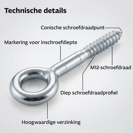 PARCO Schroefoog M12 x 350 mm – Verzinkt – Oogschroef voor Hout & Metselwerk – 2 Stuks