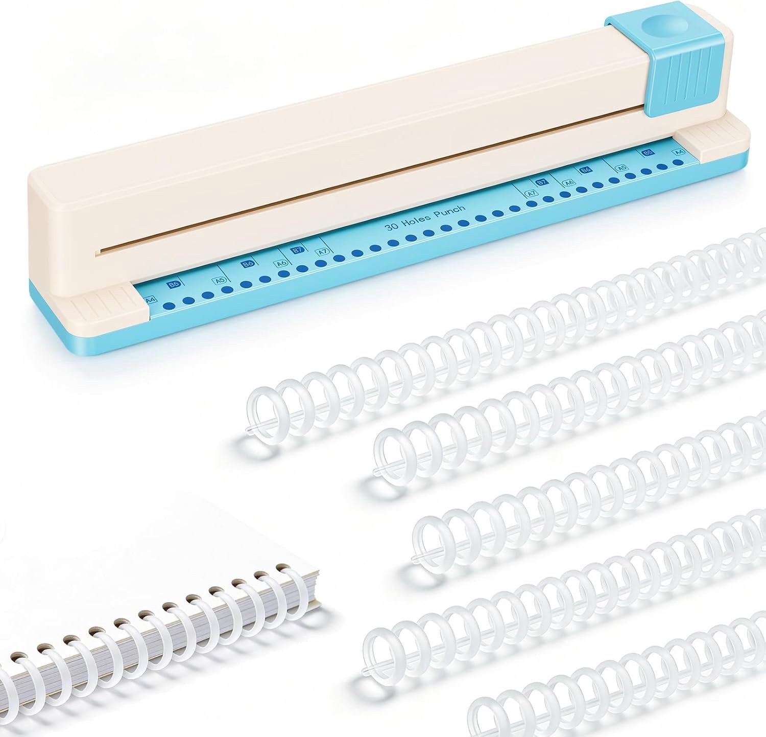 30 Gaats Bindmachine, Handmatige Perforator met 6 Transparante Bindspiralen Spiraalbindmachine Perforeert tot 5 vellen Voor A4 A5 A6 A7 voor zelfgemaakte planners, albums en notitieboeken