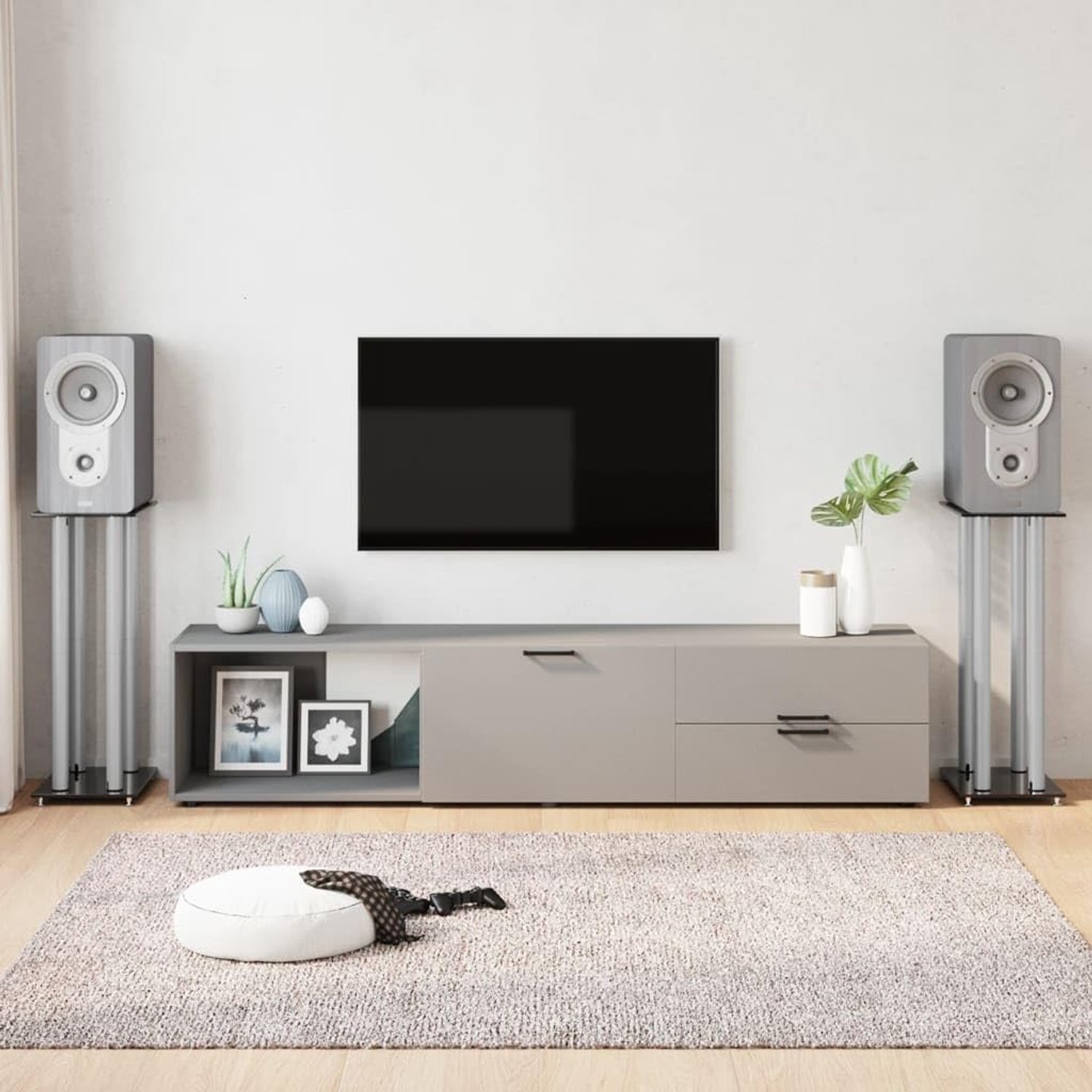 Set van 2 van gehard glas en aluminium, in hoogte stabiele boxstandaard voor hifi-luidsprekers, 75 cm hoog, met kabelbeheer, zwart en zilver