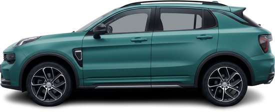 Zij-aanzicht van een turquoise Lynk & Co 01 SUV met zwarte dakrails en getinte ramen. Zwarte velgen met zilverkleurige details.