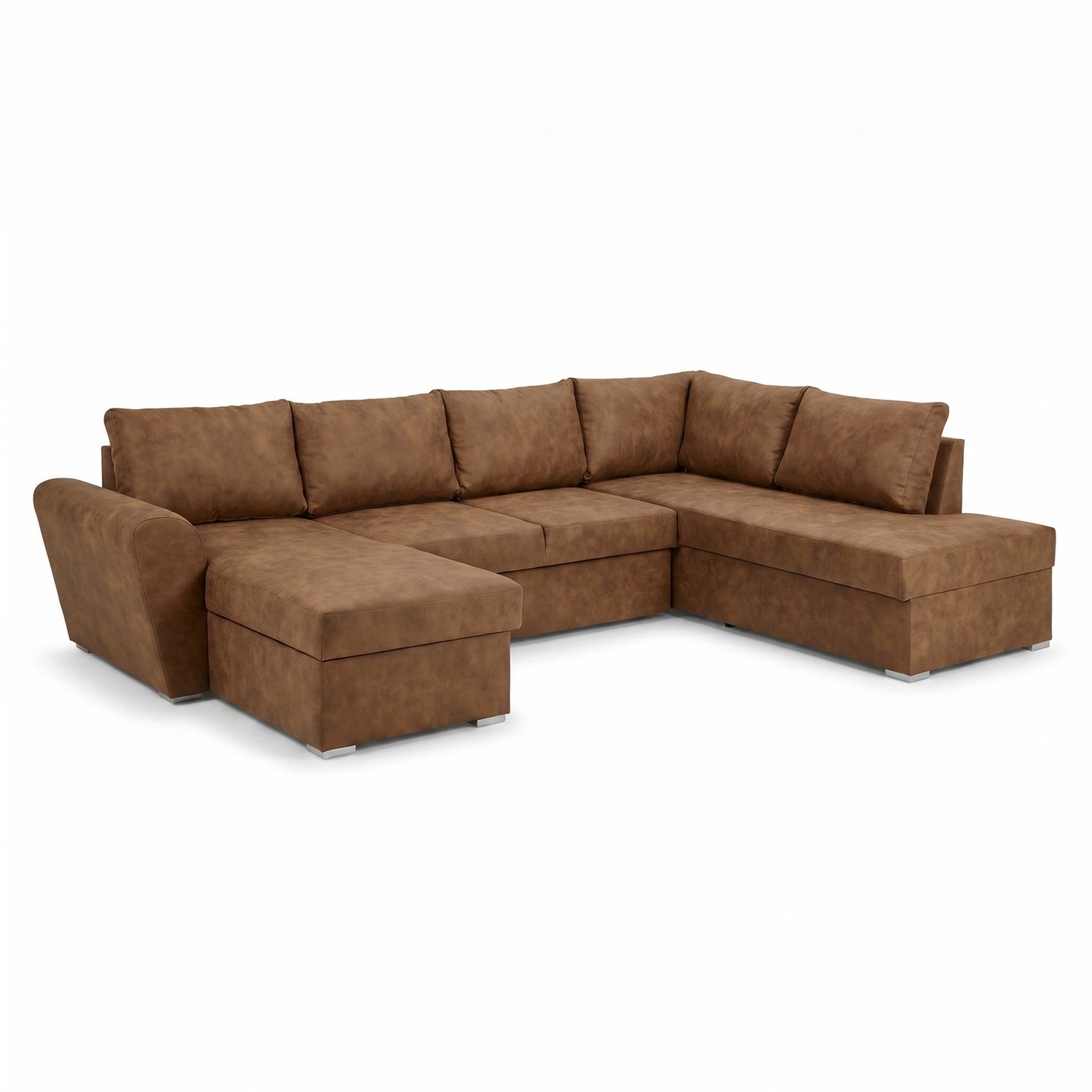 Stan U-vormige slaapbank met chaise longue aan de linkerkant, bruin PU kunstleer.