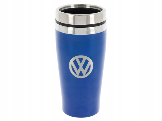 Blauwe VW beker met zilverkleurig logo.