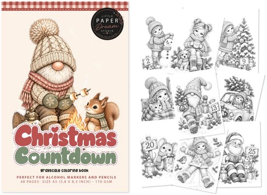 Kleurboek 'Christmas Countdown' met afbeeldingen van een gnome, eekhoorn, sneeuwpop en kerstman. Perfect voor alcoholmarkers en potloden.