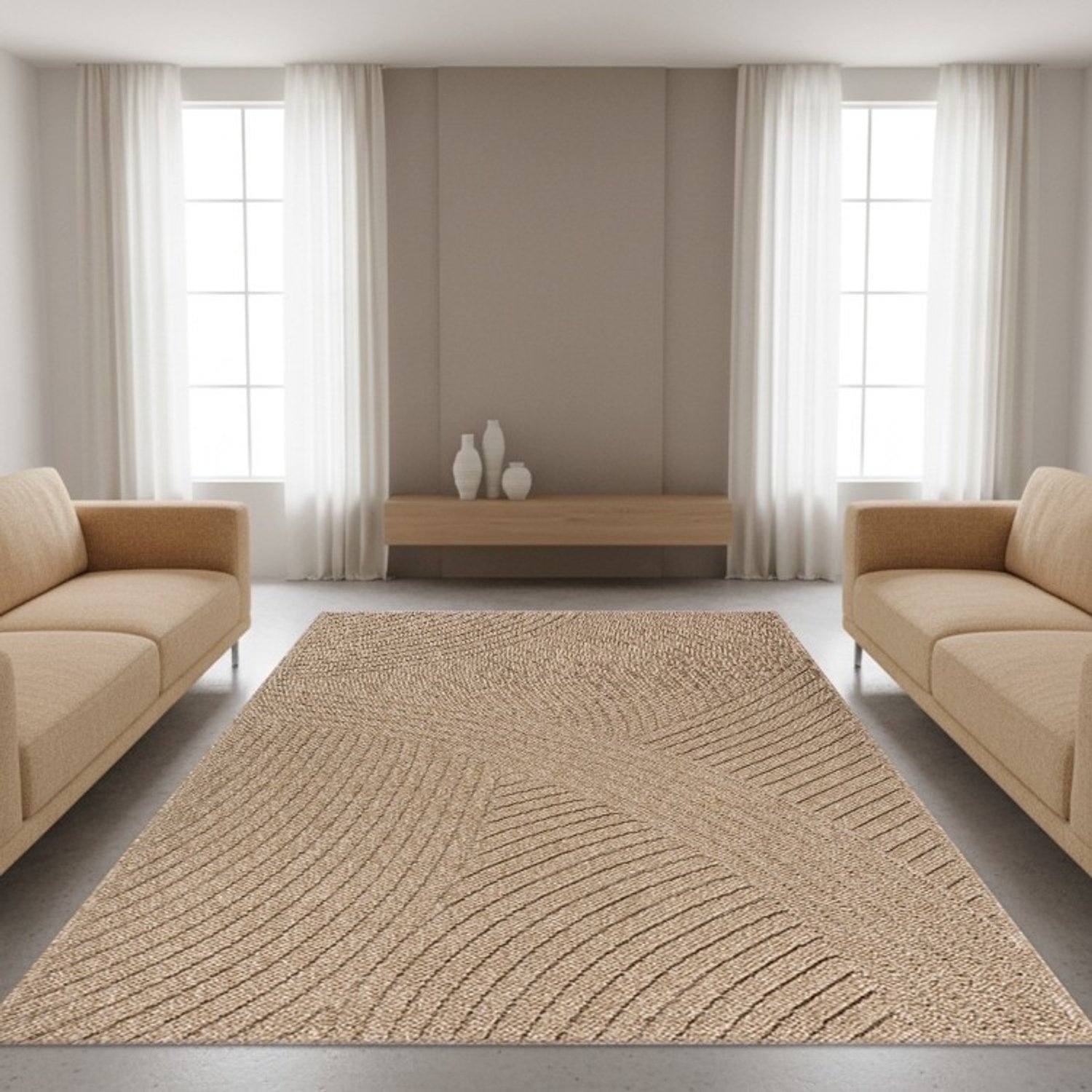 TapisTrend Designer tapijt Naturel 120x160 cm Natuurlijk binnen-/buitenkleed met verhoogde, gebogen lijnen en een abstract geometrisch patroon voor terras en woonkamer