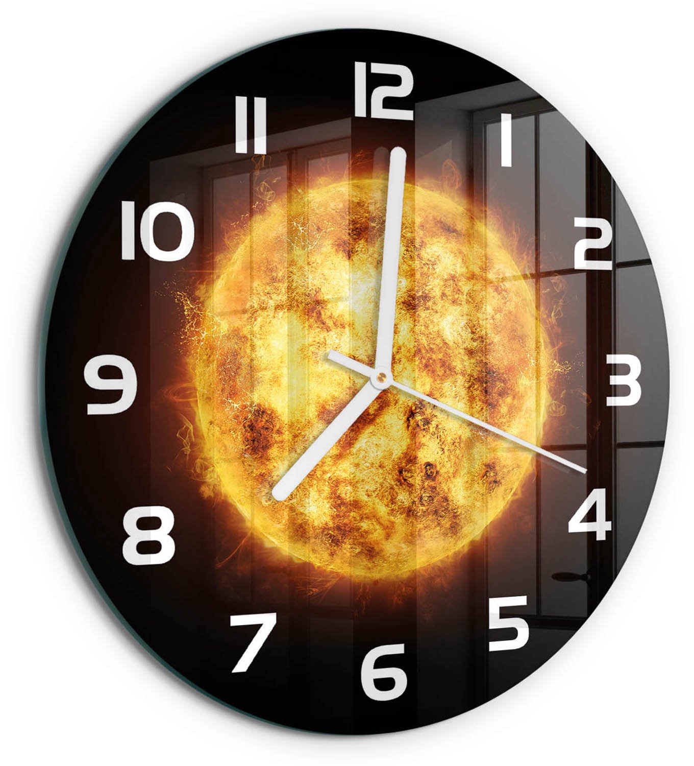 TULUP Wandklok - Zonnig Decoratieve Glazen Klok - fi30 cm - Oranje Glazen Wandklok Design - Witte handen - Ronde Klok - Glazen Klok Met Print - Wandklok Glas Met Motief