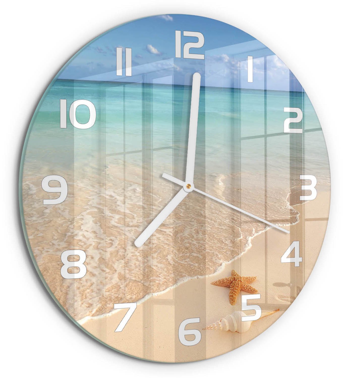 TULUP Wandklok - Zeesterren op het strand Glazen Wandklok Design - fi30 cm - Blauw Klok Glas Met Opdruk - Witte handen - Ronde Klok - Wandklok Glas Met Motief - Decoratieve Glazen Klok